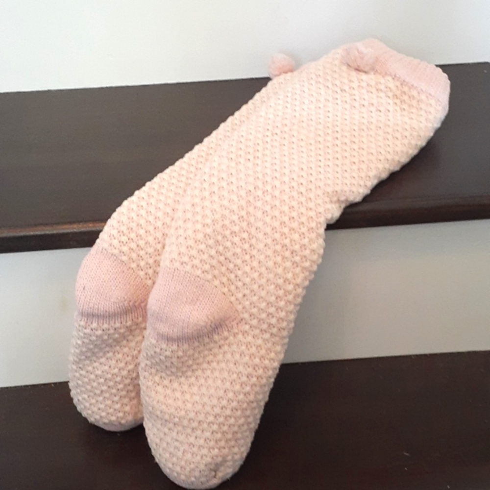 " Fleece lined knitted Slipper Socks with pom pom